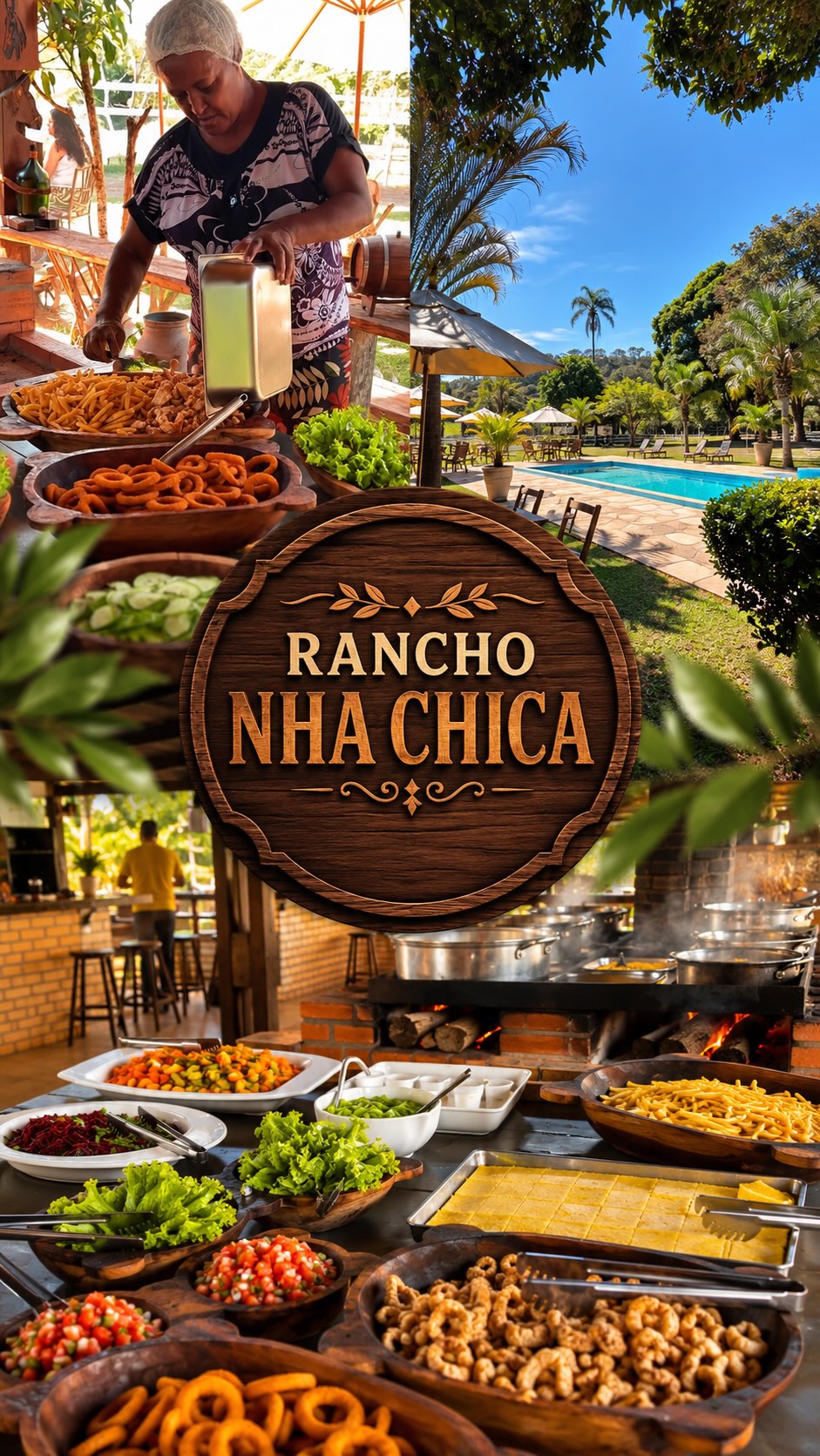 Publicação do Rancho com o preparo da comida, o buffet mineiro e a área externa