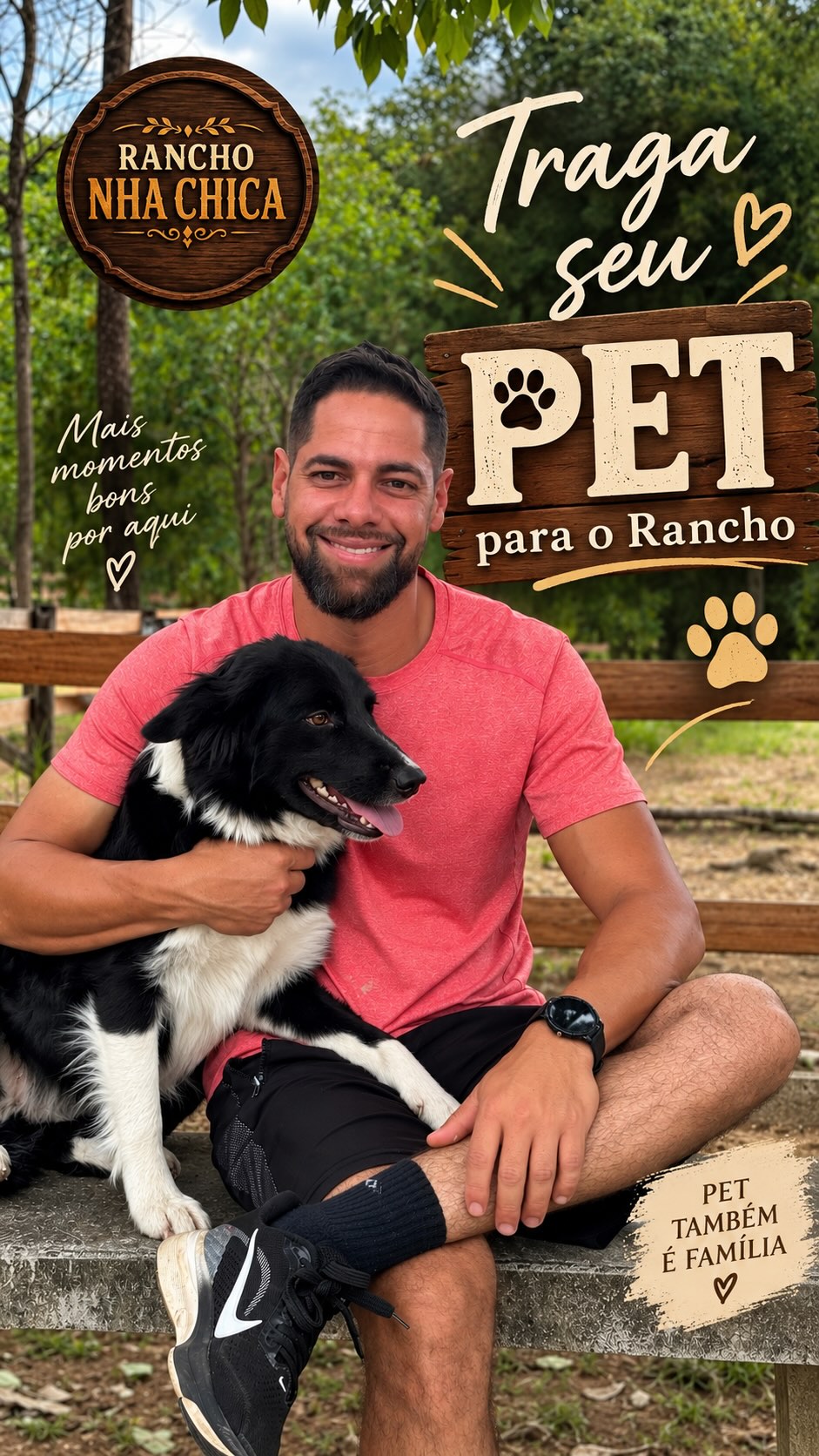Publicação do Rancho anunciando pets bem-vindos, com um homem e seu cachorro